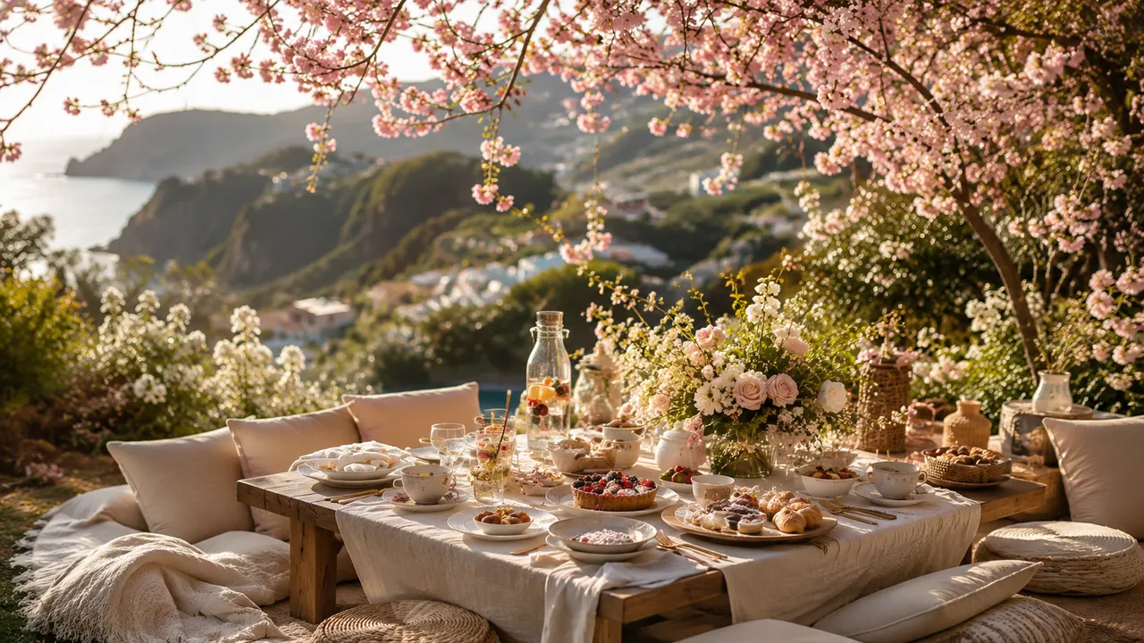 Picnic table set among cherry blossoms in a Madeira garden