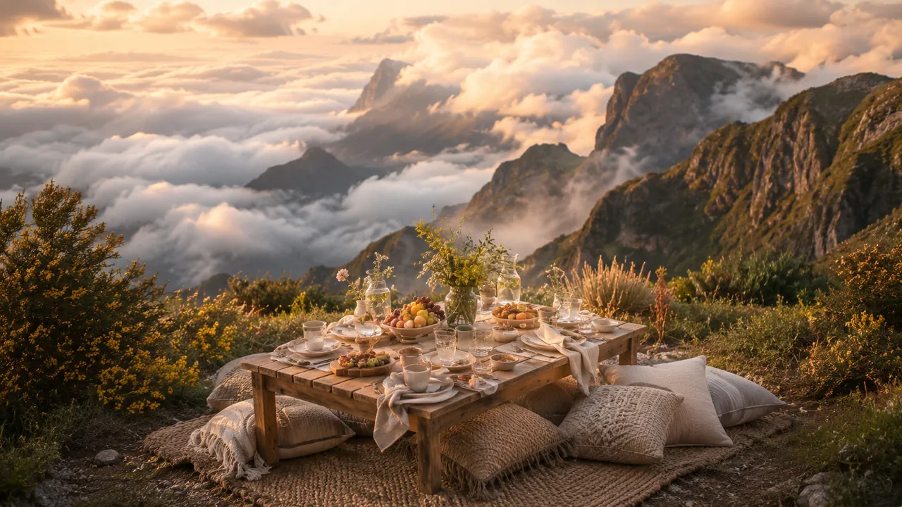 Picnic table above the clouds on a Madeira mountain