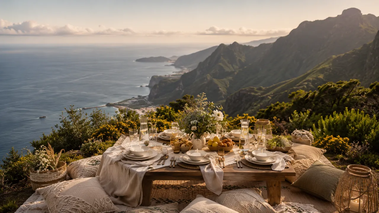 Coastal view picnic table overlooking the Madeira coastline