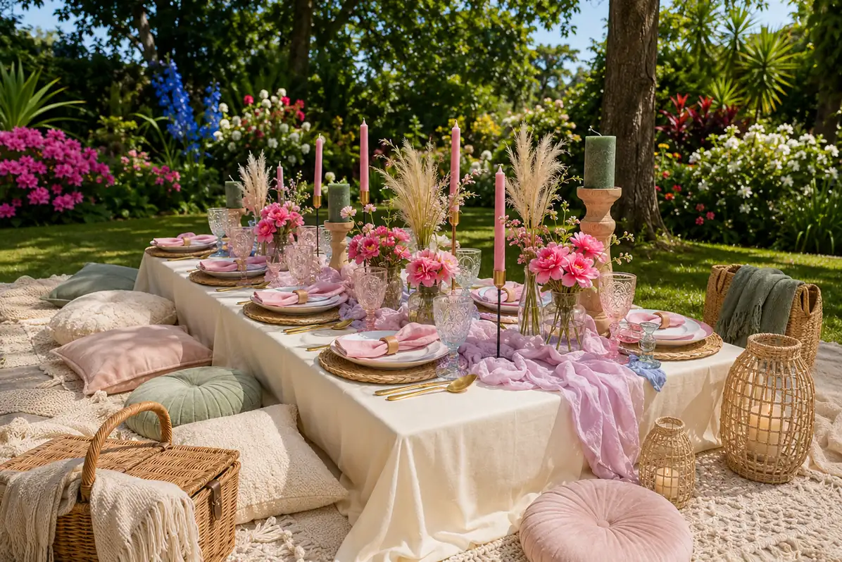 Pastel picnic table set in a lush garden in Madeira