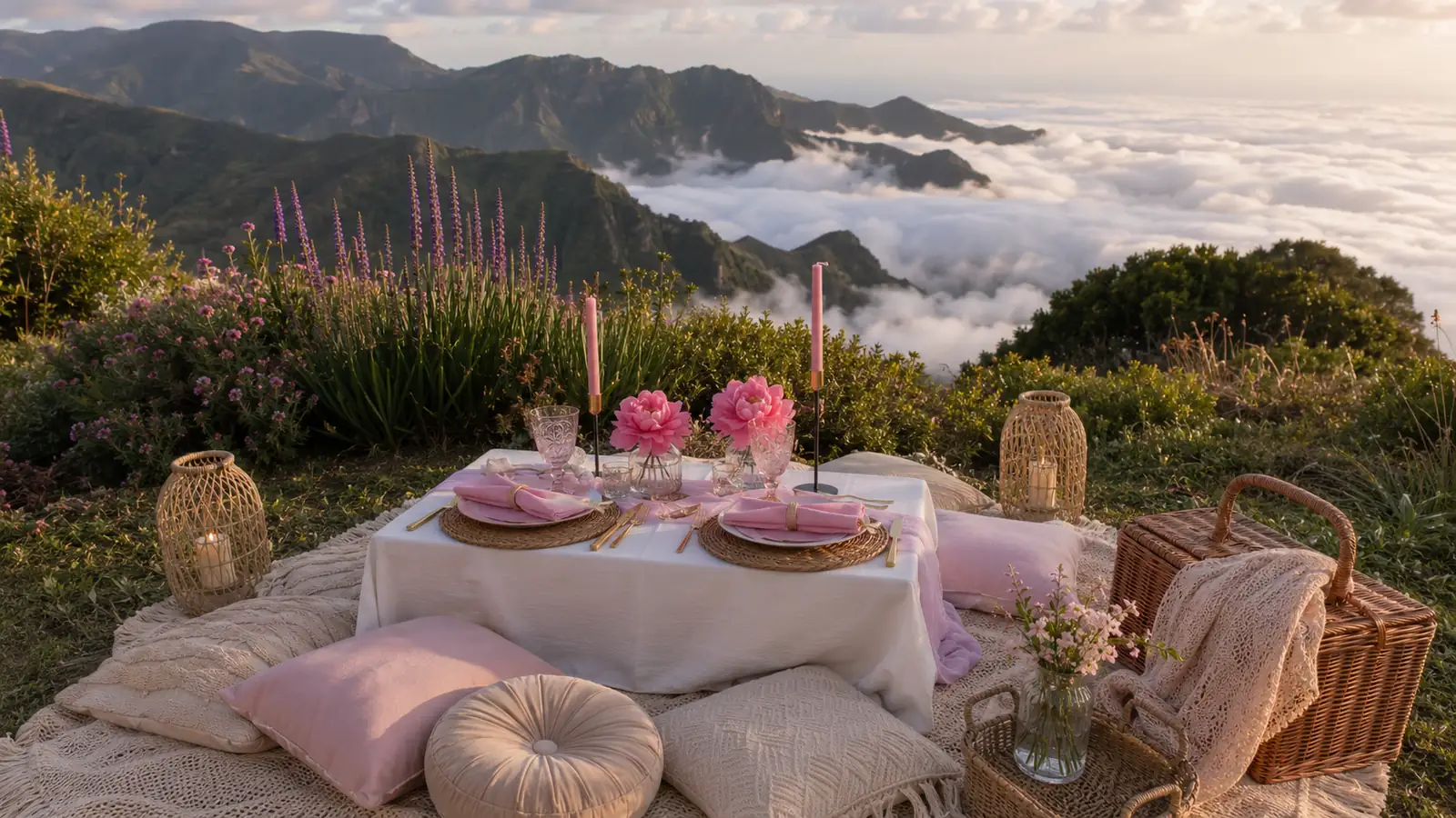 Pink picnic table set above the clouds on a Madeira mountain peak