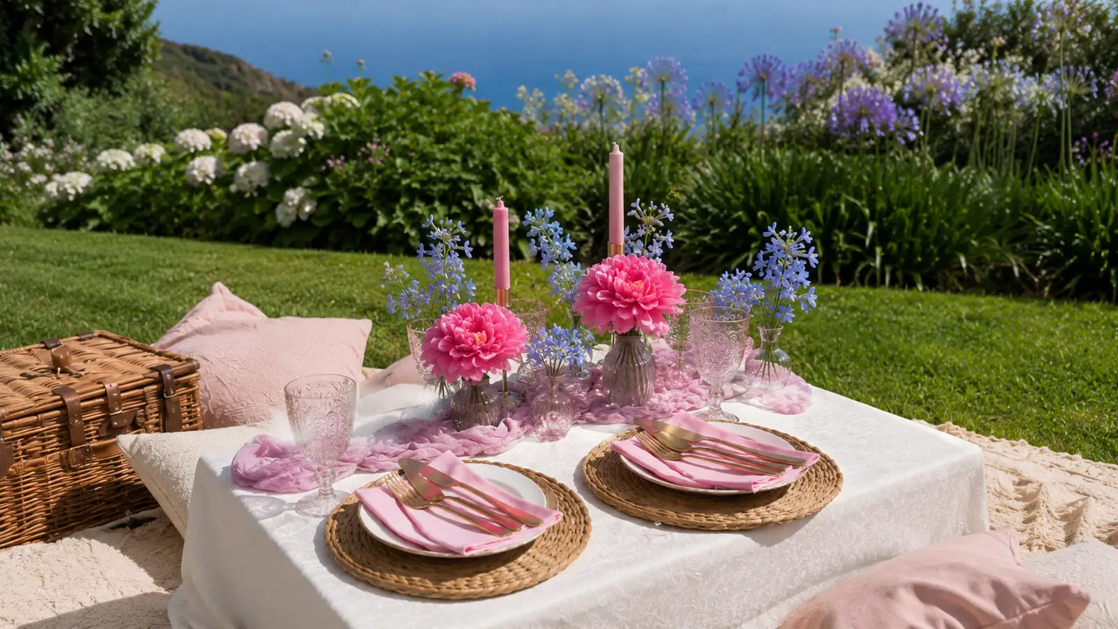 Pink garden picnic set up for a couple in Madeira