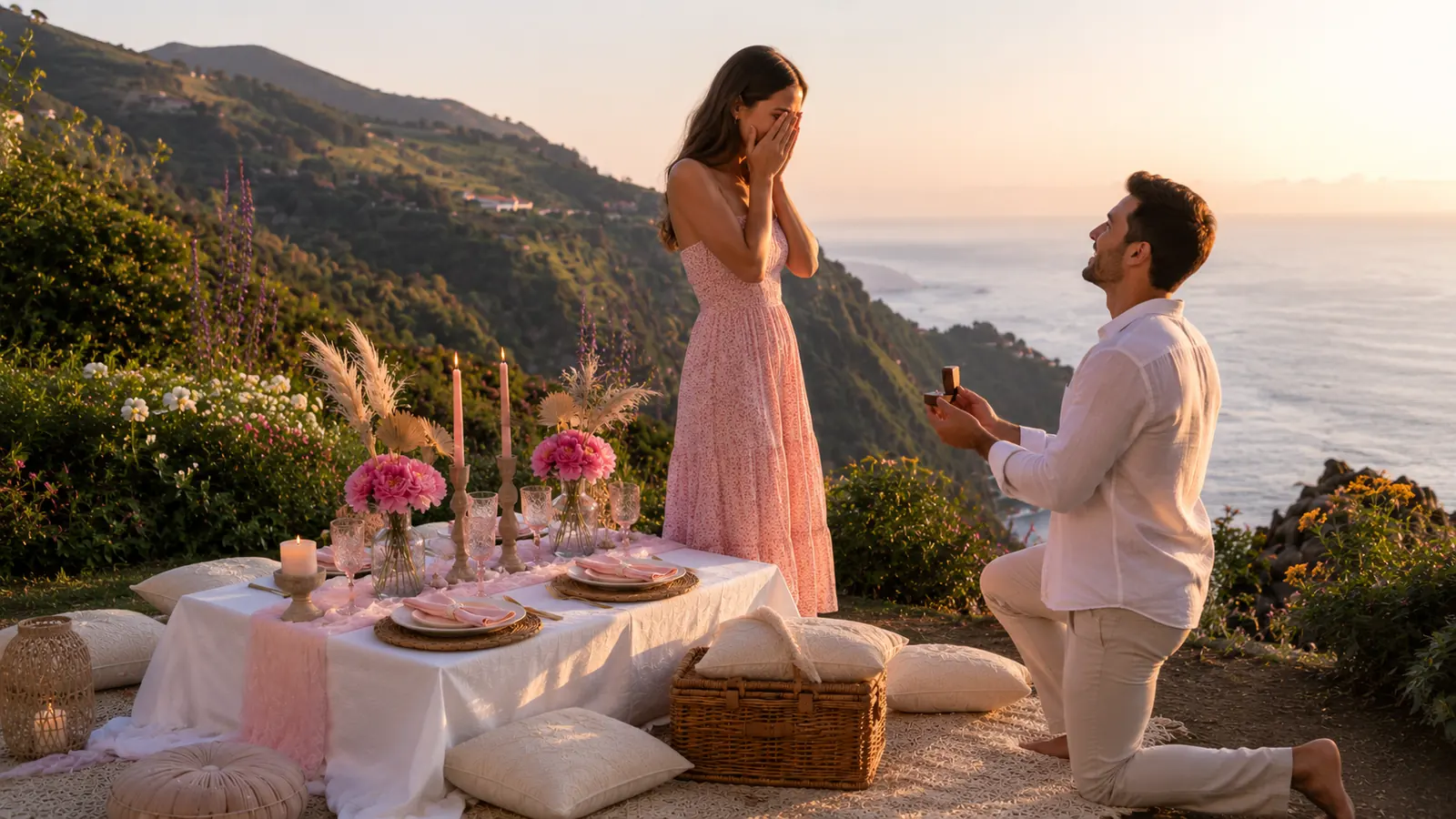 Romantic marriage proposal picnic set up on a Madeira clifftop