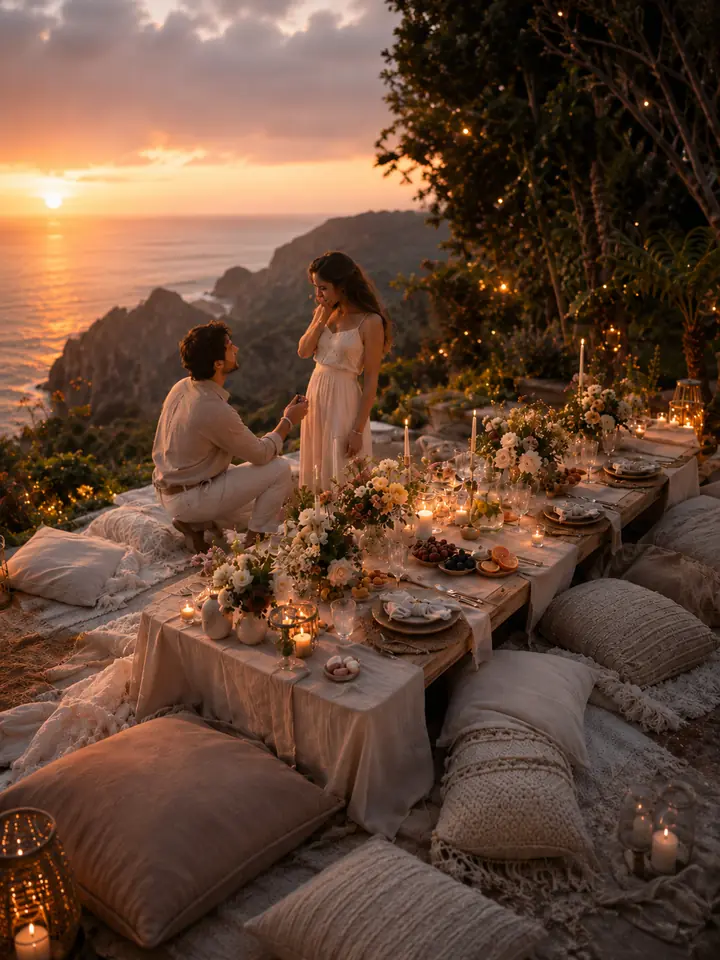 Candlelit marriage proposal picnic overlooking the Madeira coastline