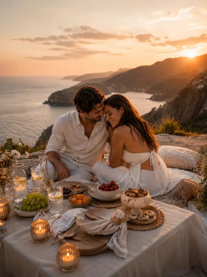 Couple enjoying an intimate luxury picnic on the Madeira coastline at sunset