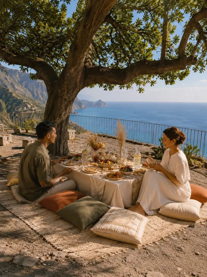 Shaded luxury picnic setup overlooking the Madeira coastline
