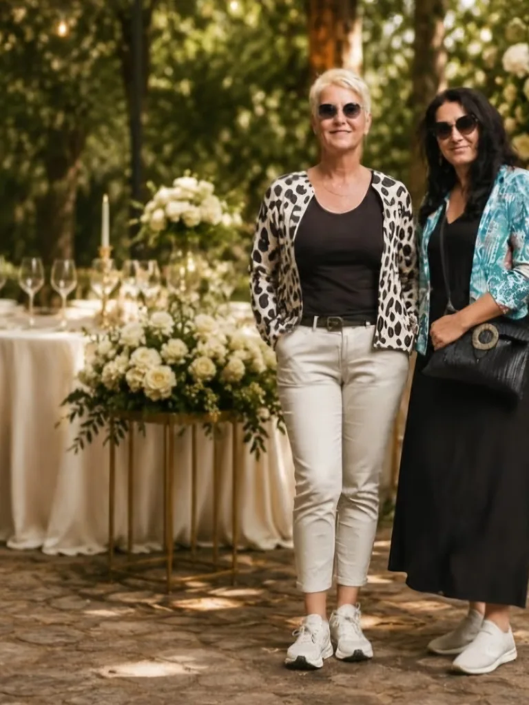 The two founders of Madeira Picnic Moments standing beside one of their styled picnic table setups